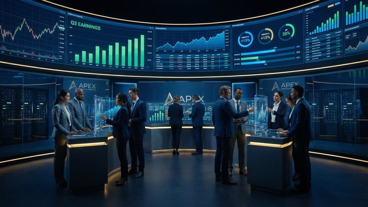 Earnings Season Analysis - Financial analysts reviewing quarterly earnings data on digital screens
