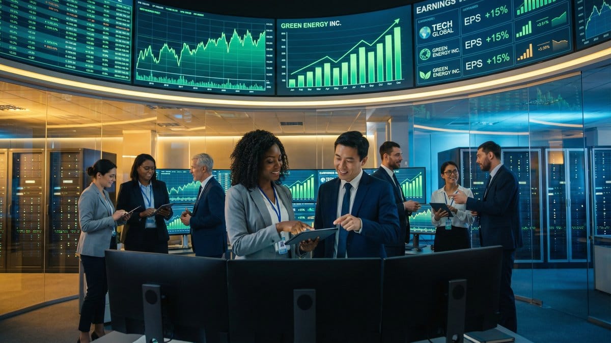 Financial analysts reviewing Q4 2025 earnings season results on trading floor screens