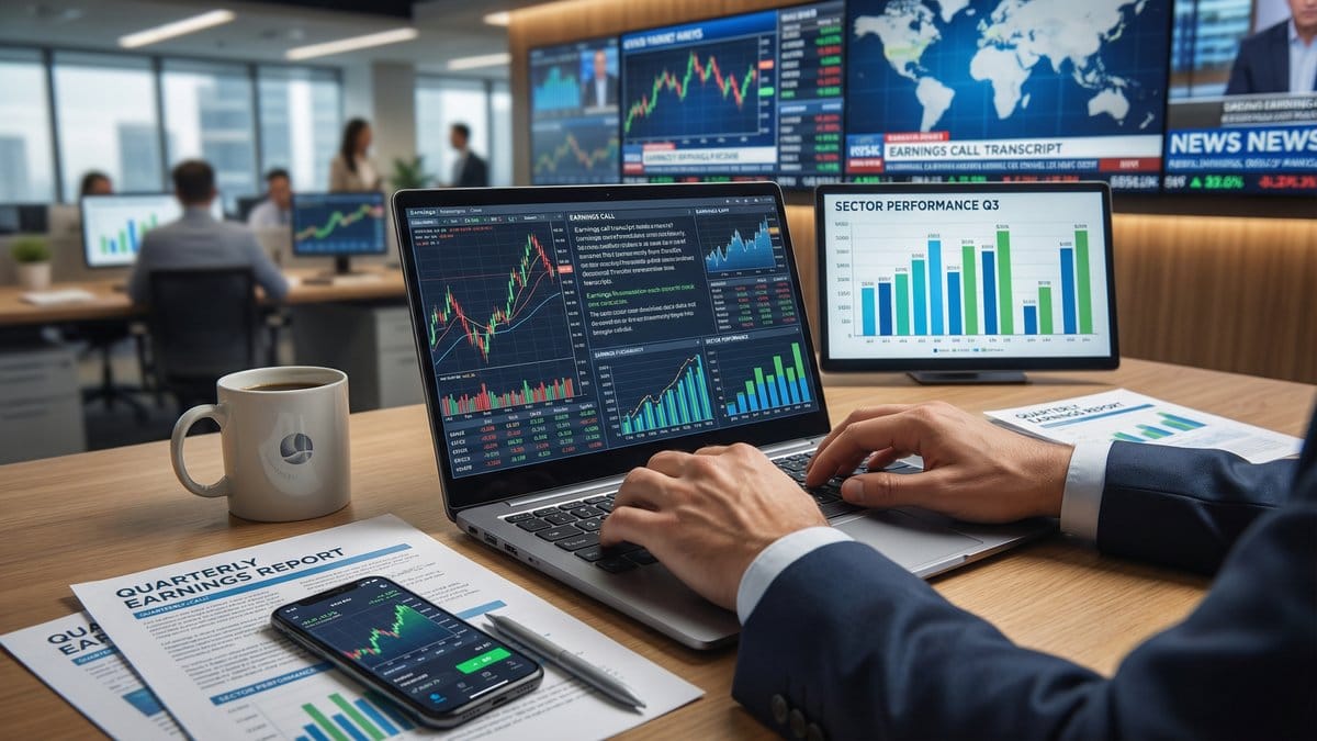 Sector Earnings Themes - Financial analyst reviewing sector performance charts and earnings reports