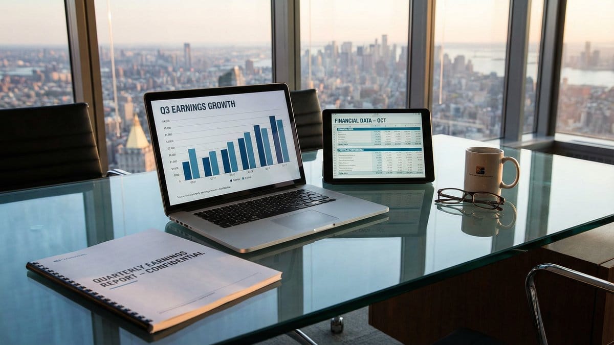 Quarterly earnings report documents and financial data on a desk with city skyline view