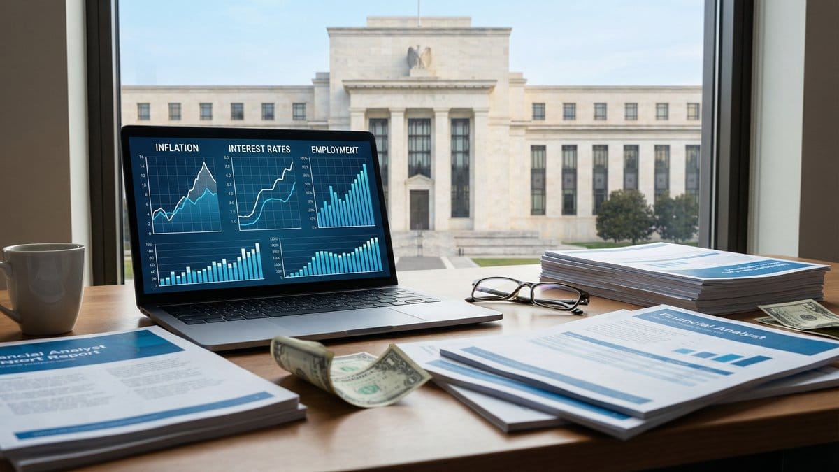 Federal Reserve building with financial analysis charts showing inflation and interest rate data