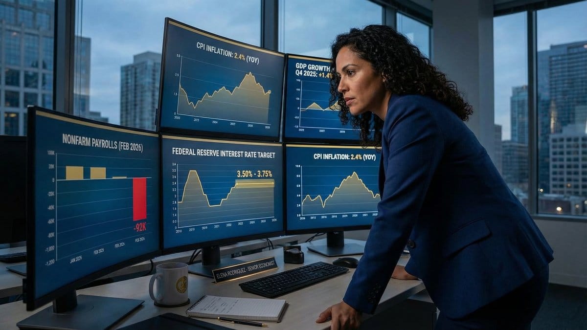 Financial dashboard showing Federal Reserve interest rates, nonfarm payrolls, and CPI inflation