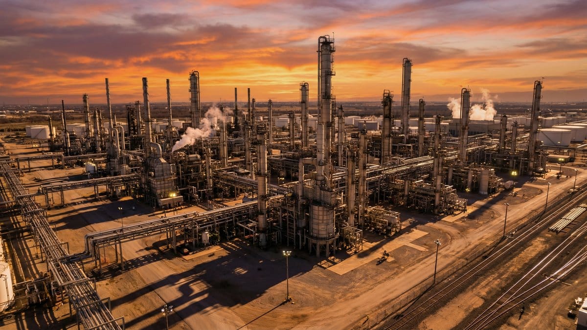 Oil refinery complex at sunset representing the global oil market in March 2026