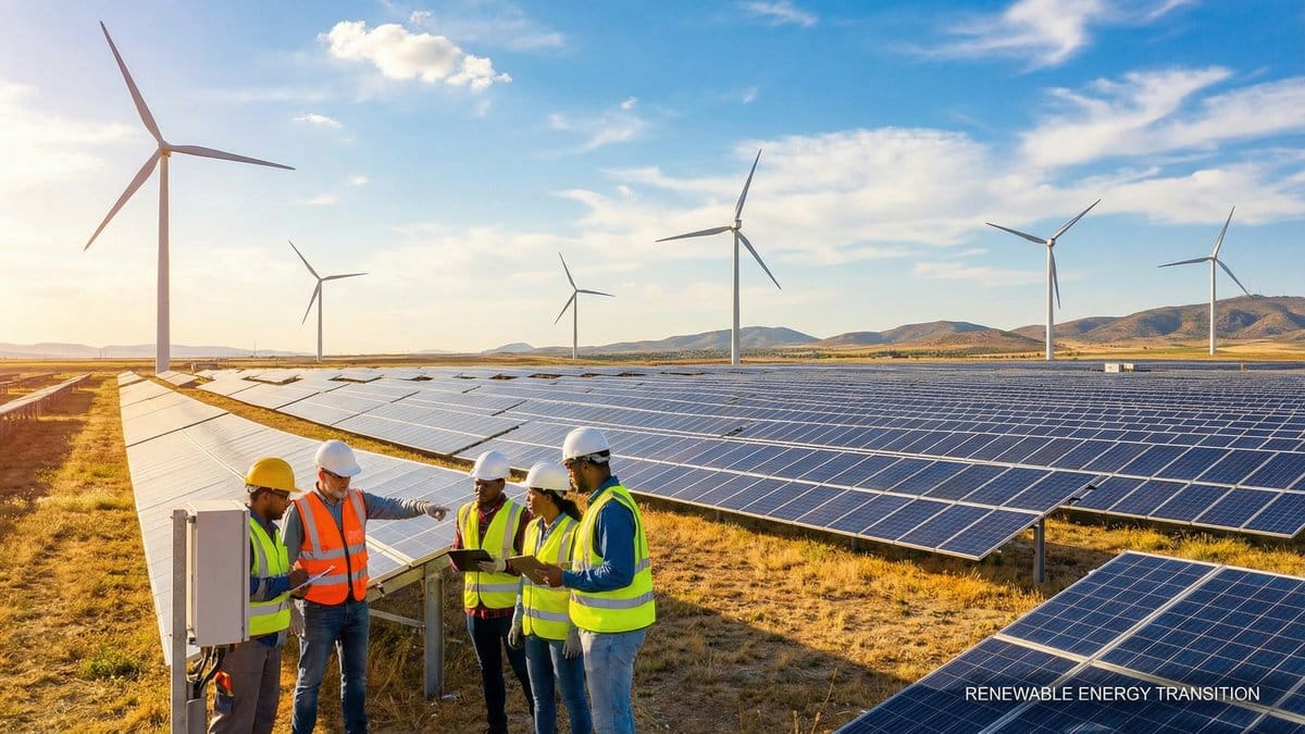 Diverse team of engineers inspecting solar panels and wind turbines representing the renewable energy transition