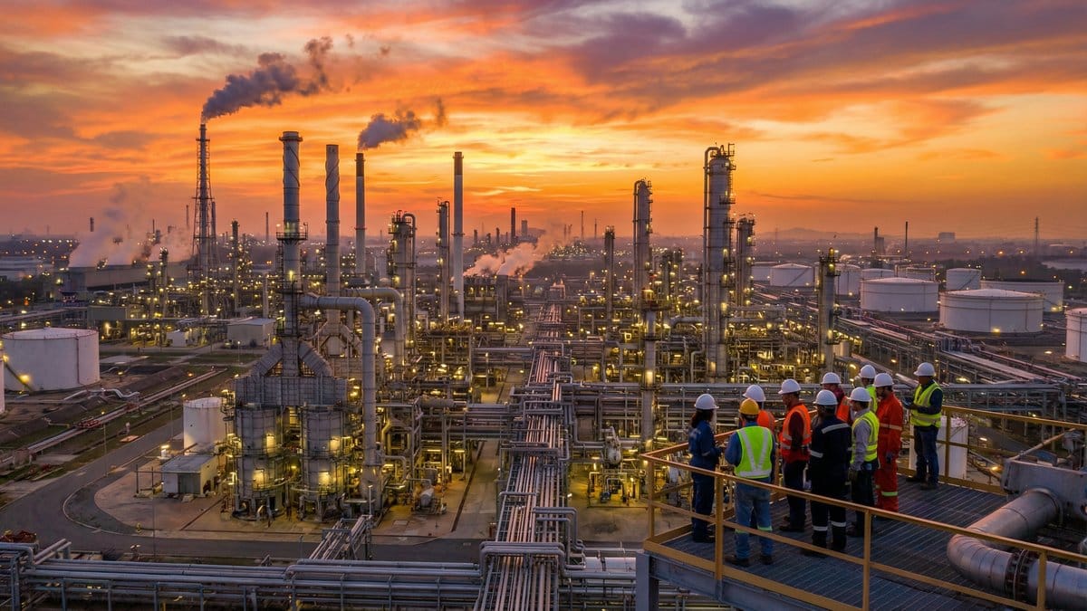 Aerial view of an oil refinery complex at sunset with diverse workers in safety gear