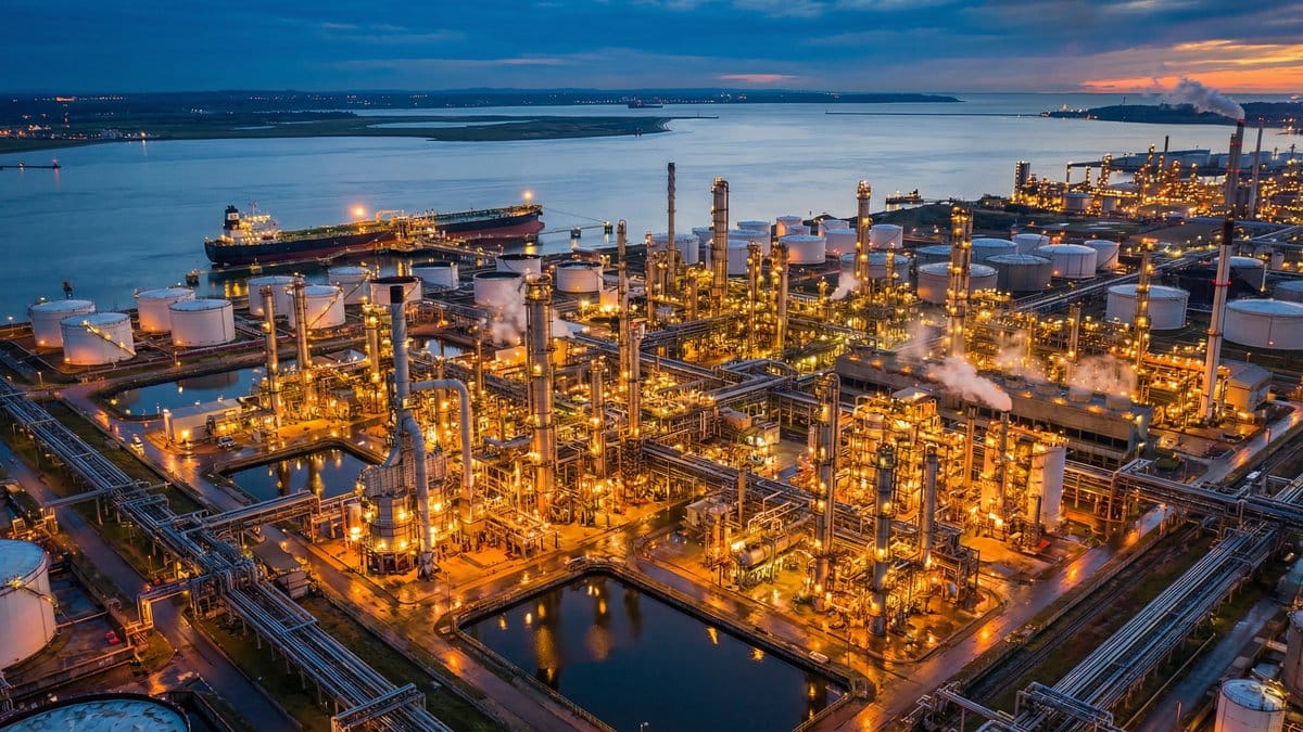 Aerial view of oil refinery complex at dusk with tanker ship