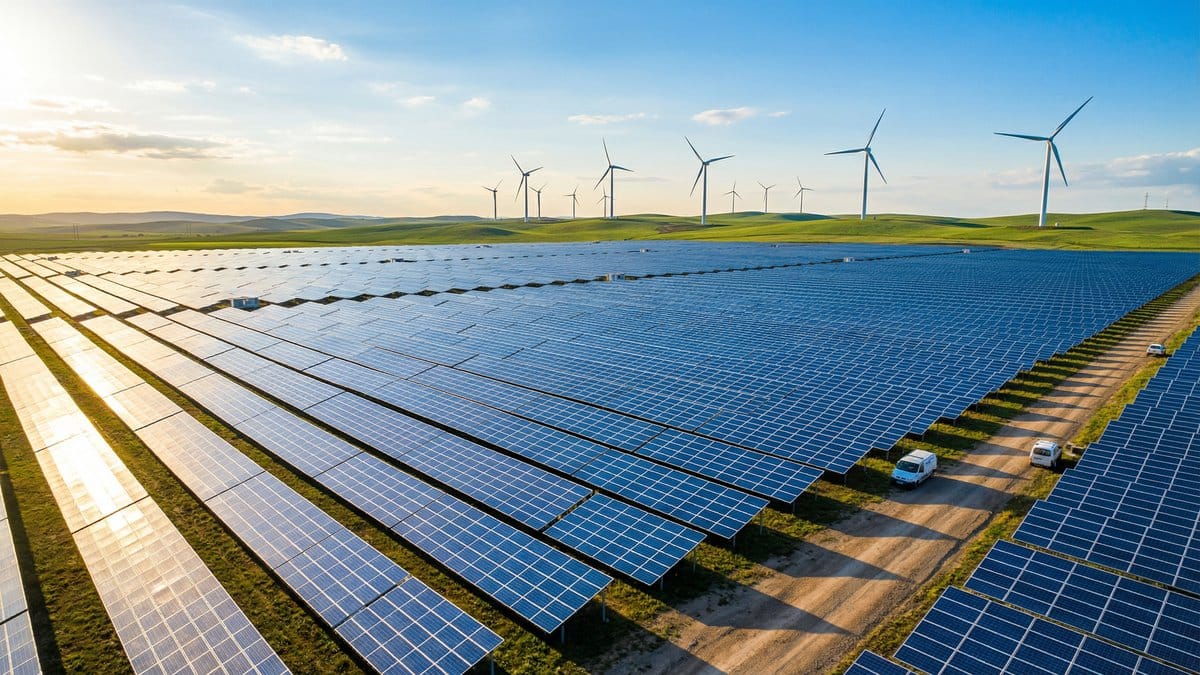 Solar farm with wind turbines representing renewable energy growth