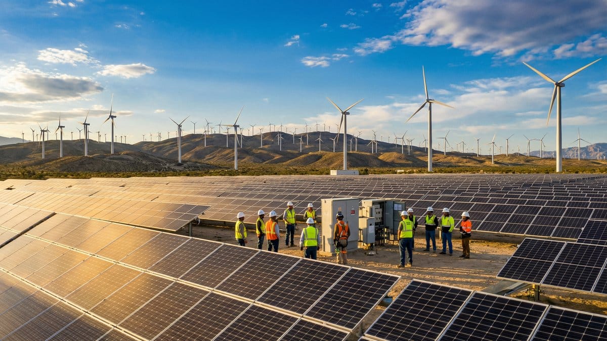 Solar farm and wind turbines with diverse workers in safety gear