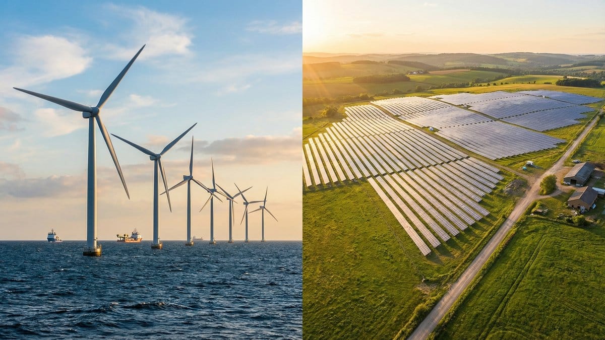 Split panoramic view of offshore wind turbines and a utility-scale solar farm