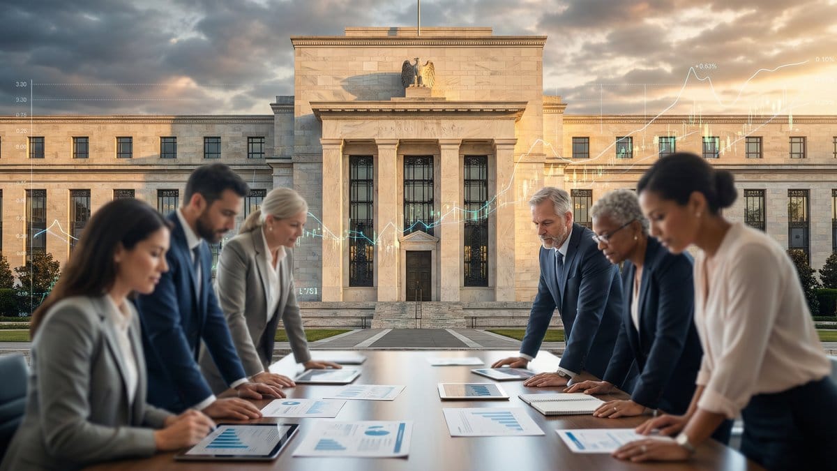 Federal Reserve building with economists reviewing monetary policy data