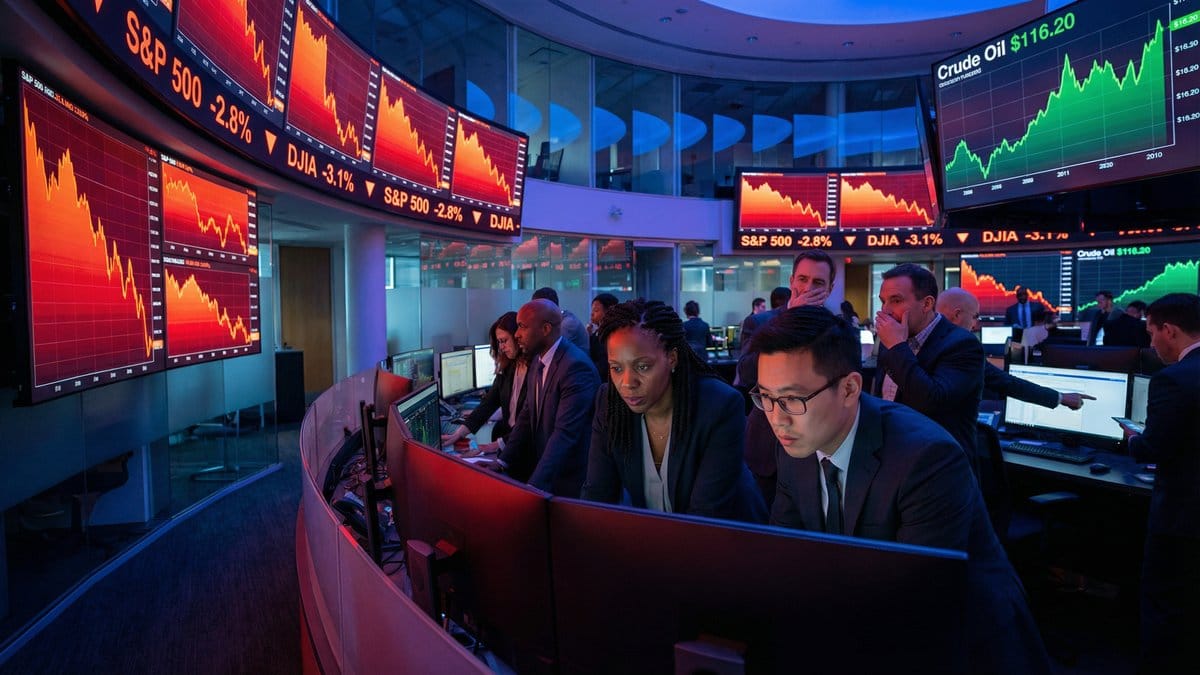 Financial traders monitoring stock market selloff on March 30 2026 with S&P 500 Dow Jones and crude oil prices on screens