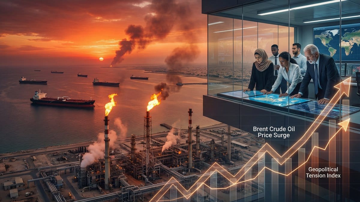 Oil tankers in the Persian Gulf with Brent crude oil price surge chart showing record monthly gain amid Iran war March 2026