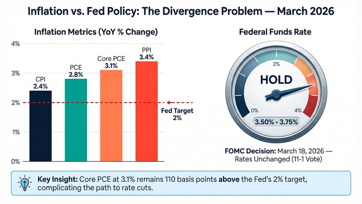 Inflation vs Fed Policy: The Divergence Problem - March 2026 showing CPI, PCE, Core PCE, PPI vs Fed Funds Rate