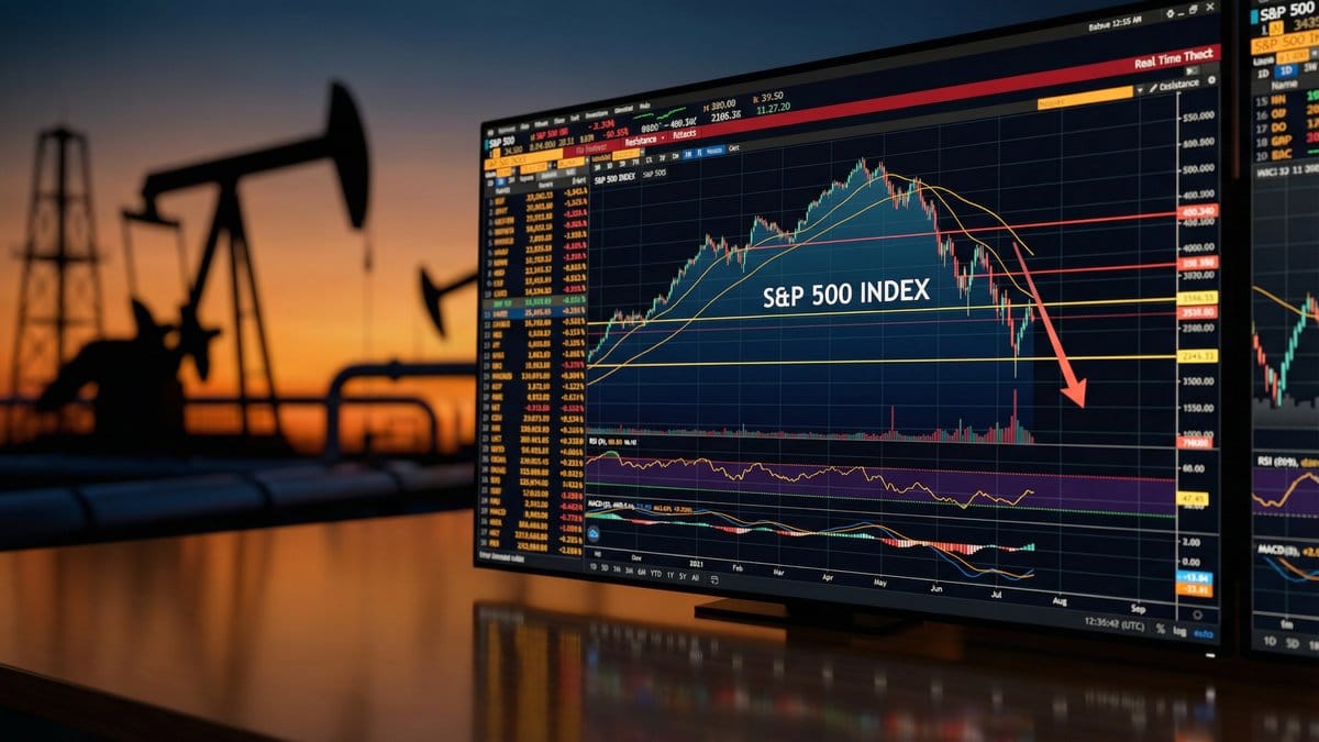 S&P 500 technical chart with oil derrick backdrop - Market Preview March 9, 2026