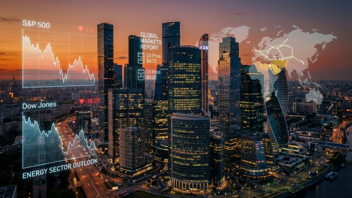 Global financial markets overview with S&P 500 and Dow Jones performance charts overlaid on city skyline March 2026