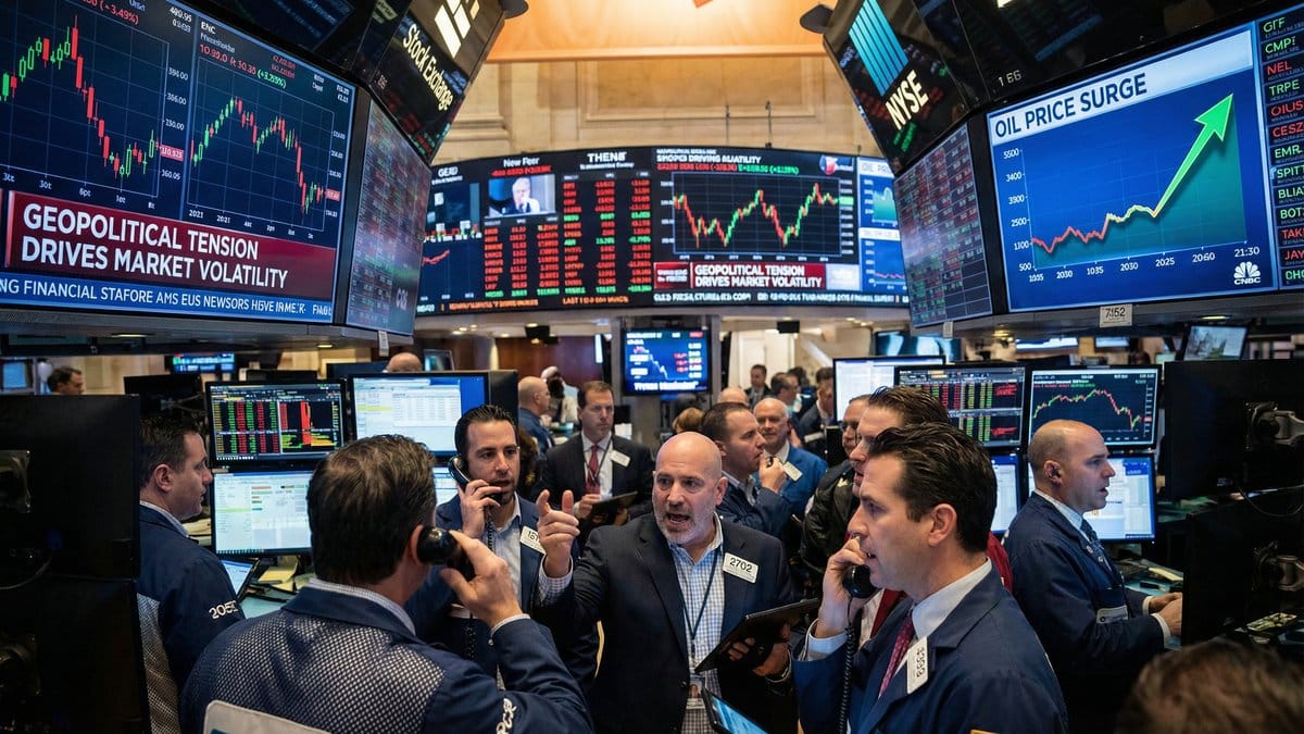 Stock exchange trading floor showing market volatility during Iran conflict oil price surge March 2026