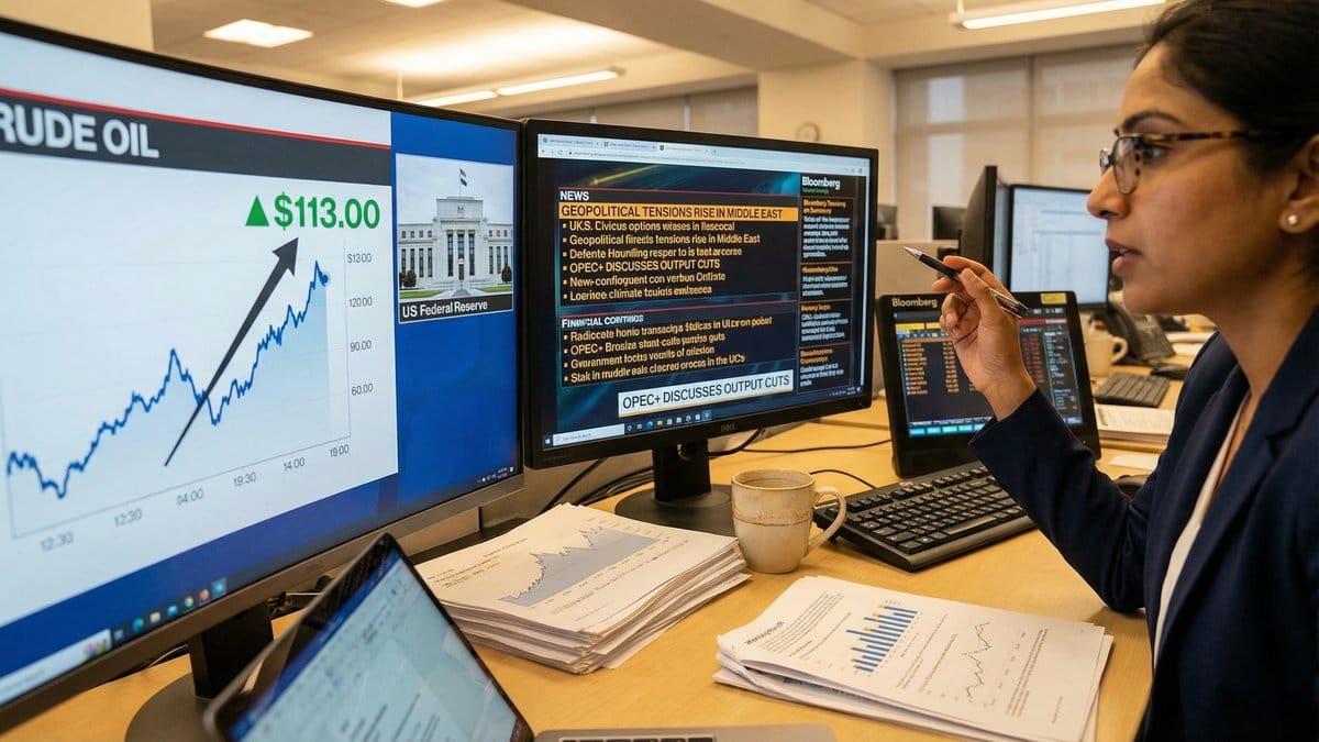Financial analyst monitors oil price surge to $113 per barrel and Federal Reserve decision impact on markets, March 19 2026