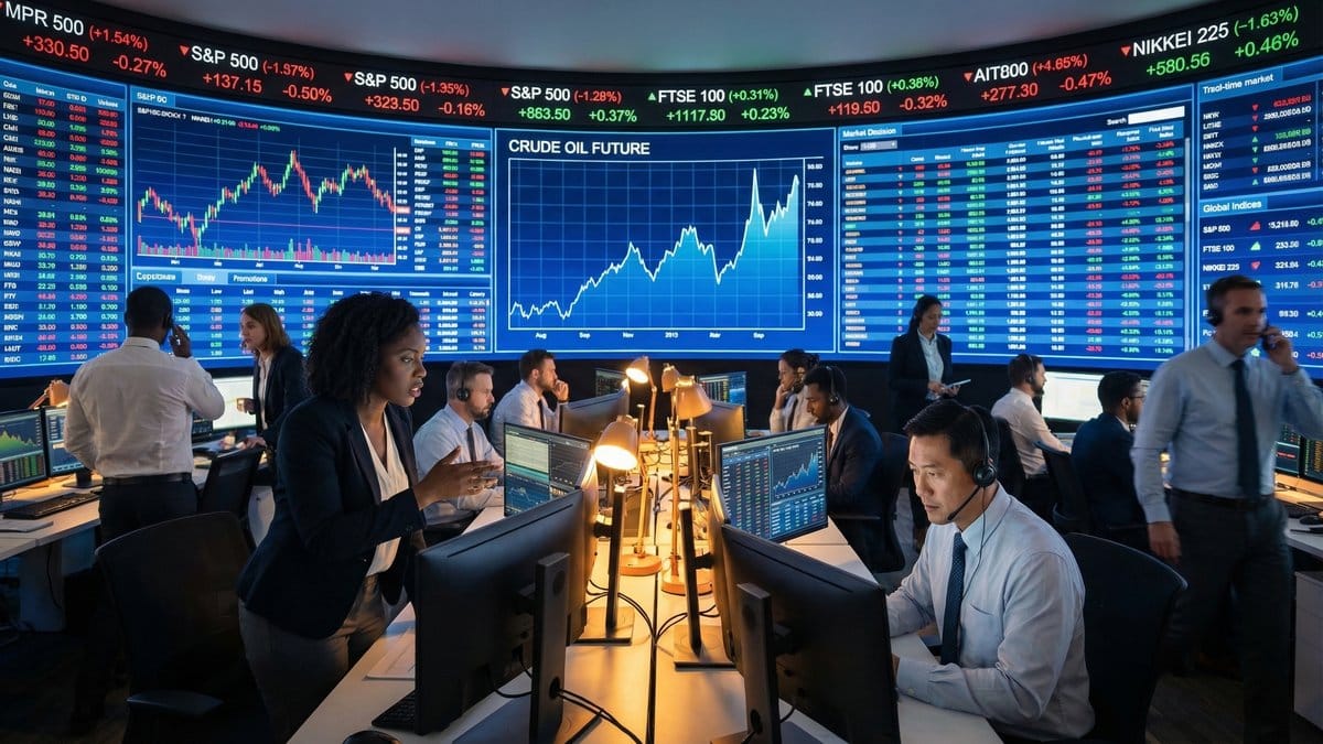 Daily Market Report March 12 2026 - Trading floor with stock market data screens showing S&P 500 Dow Nasdaq performance