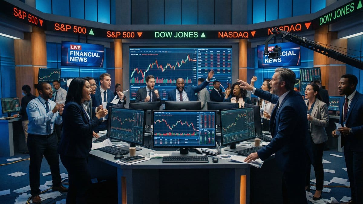 Diverse traders on a live stock exchange floor monitoring S&P 500, Dow Jones, and Nasdaq screens amid market volatility on March 3, 2026