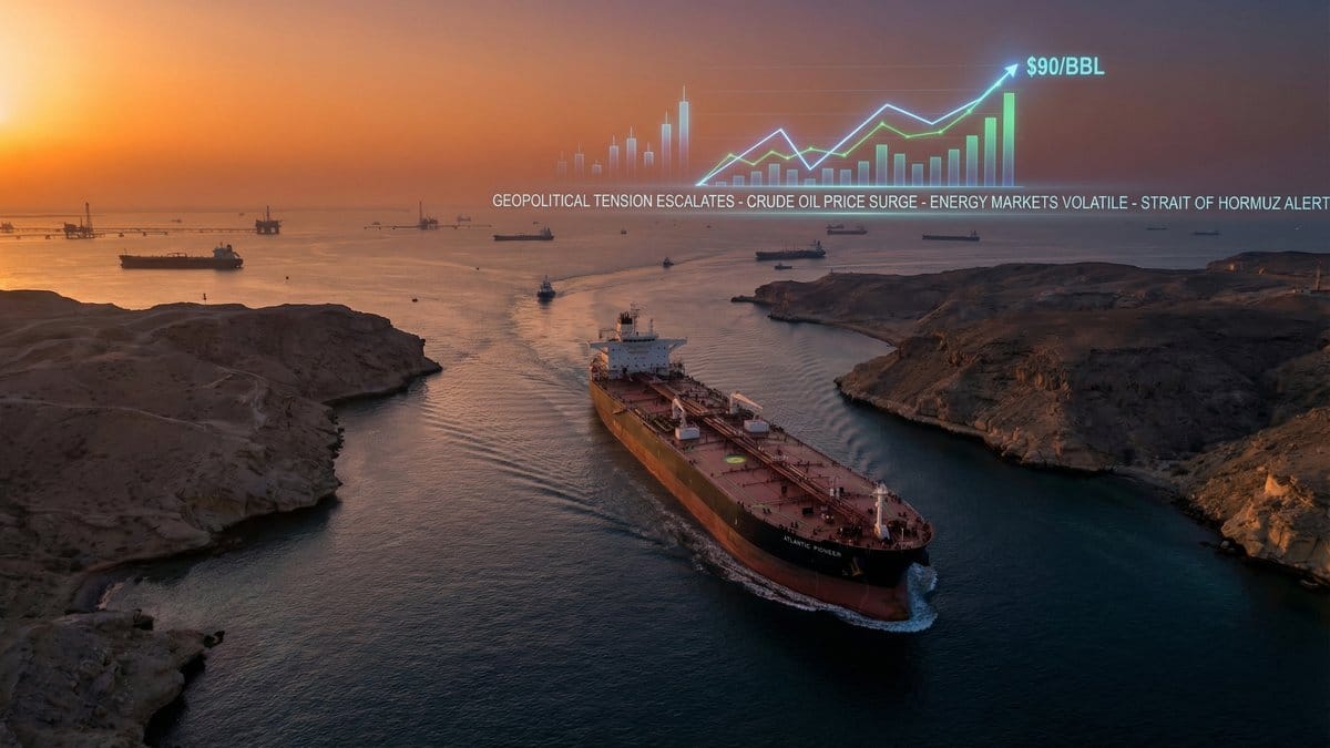 Oil tanker in Strait of Hormuz with crude oil price chart surging past $90 per barrel amid Iran conflict March 2026