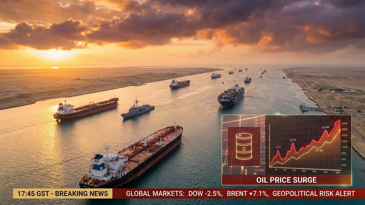 Oil tankers in the Strait of Hormuz with surging crude oil price chart overlay showing geopolitical risk and energy market disruption March 2026
