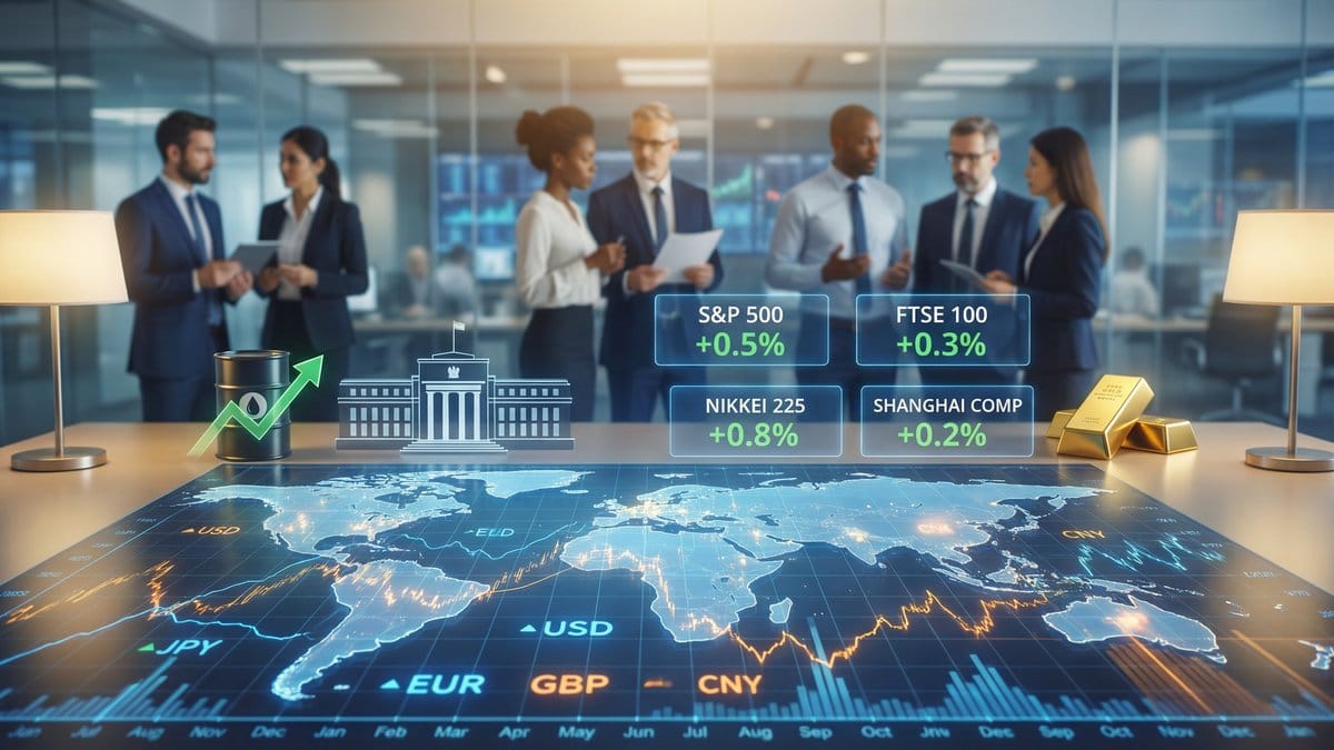Global financial markets concept with world map, currency symbols, and economic data