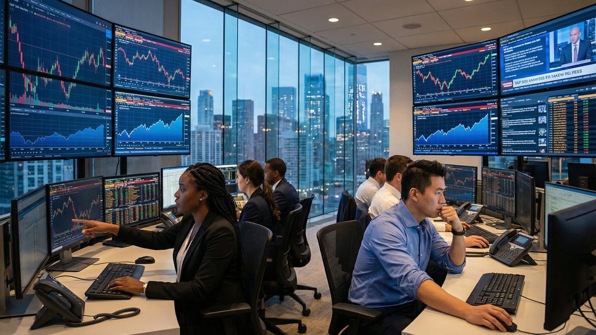 Professional traders monitoring stock market indices and financial data on multiple screens in a modern trading floor