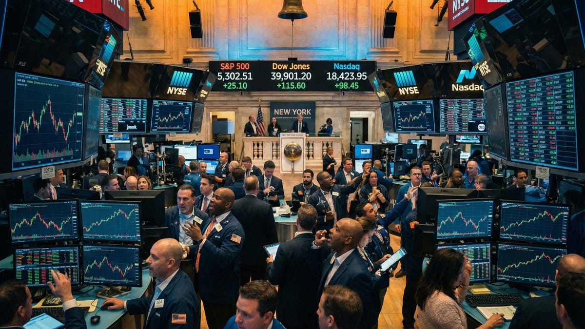 NYSE trading floor with diverse traders monitoring stock market indices during volatile session
