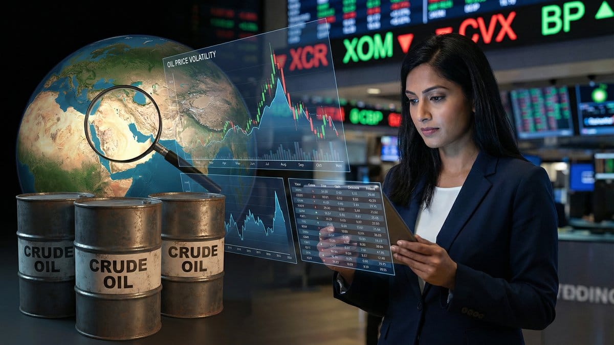 Energy market analyst reviewing crude oil price volatility charts with Middle East geopolitical risk indicators and global market data