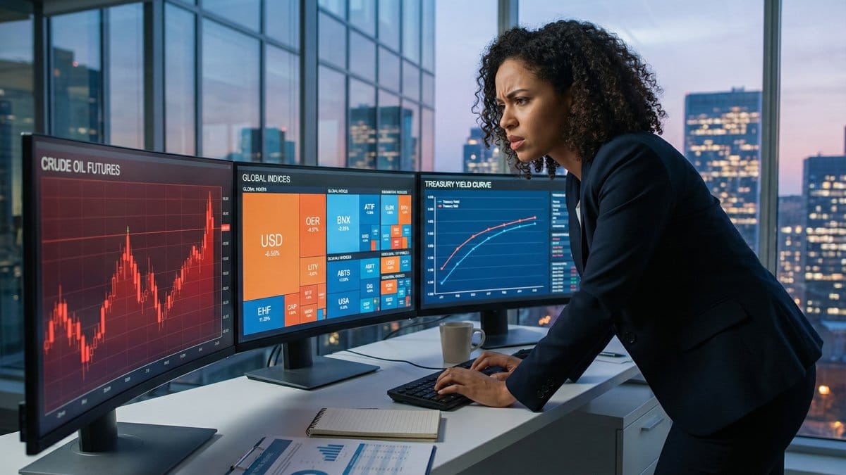 Financial analyst reviewing crude oil futures, global market indices, and Treasury yield curve on multiple monitors