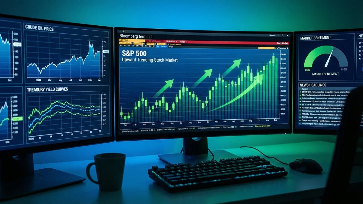 Close-up of financial market data visualization on multiple monitors showing upward trending stock market charts