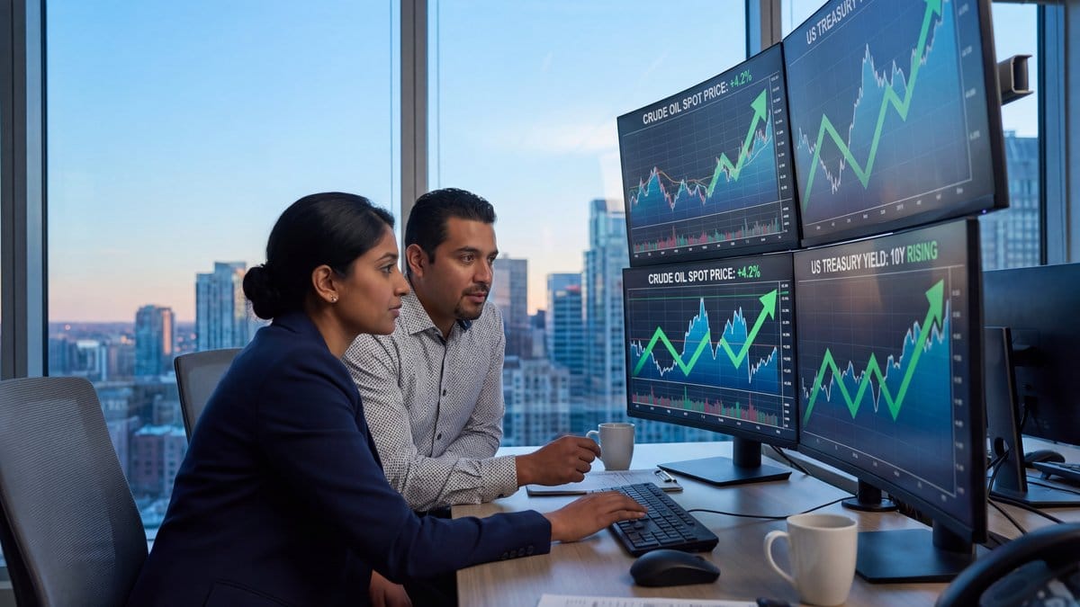 Diverse financial analysts reviewing stock market charts crude oil prices and Treasury yield data on multiple monitors