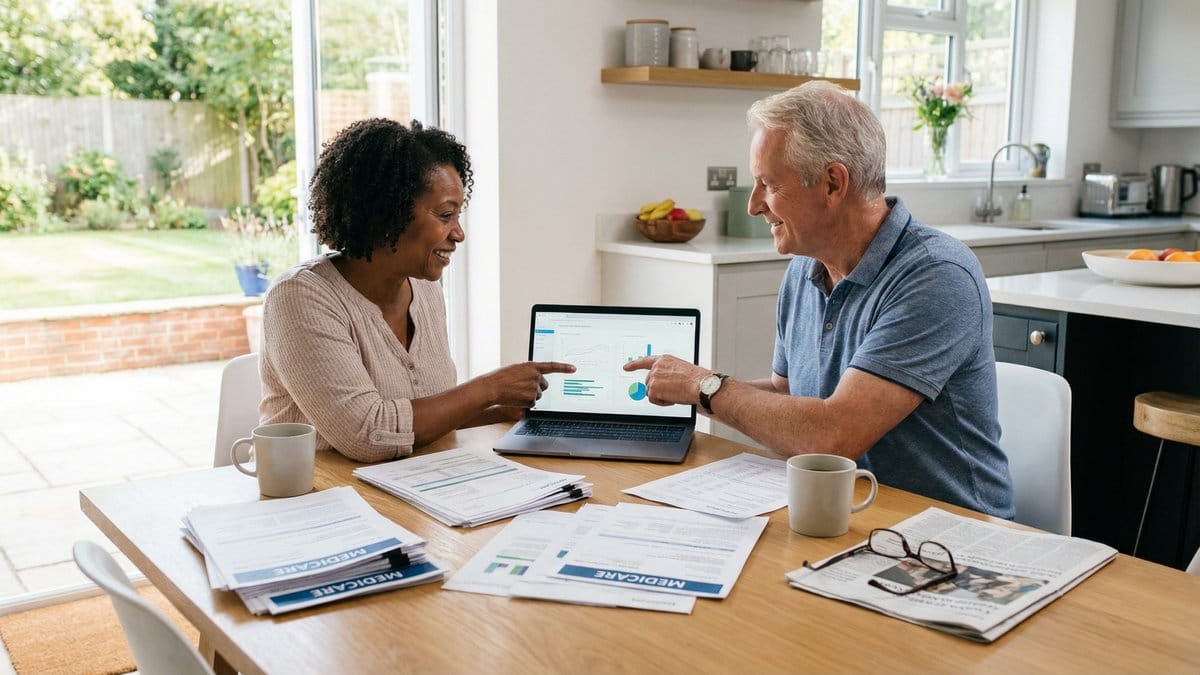 Couple reviewing Medicare and retirement planning documents at home