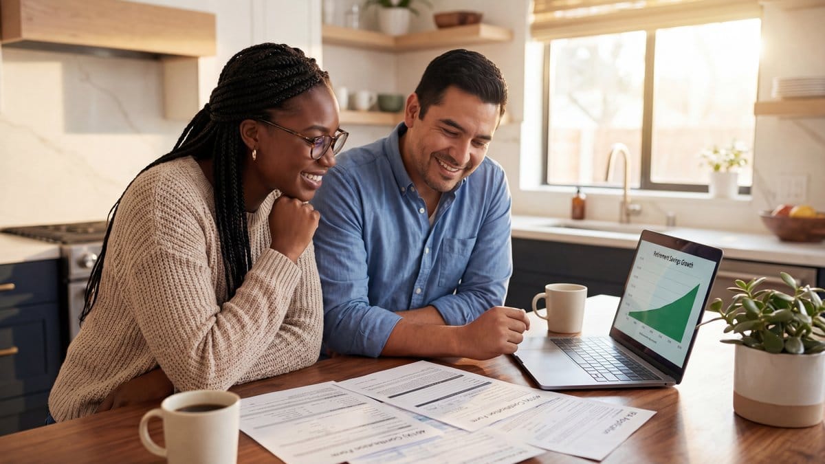 Couple reviewing retirement savings documents and laptop showing growth charts