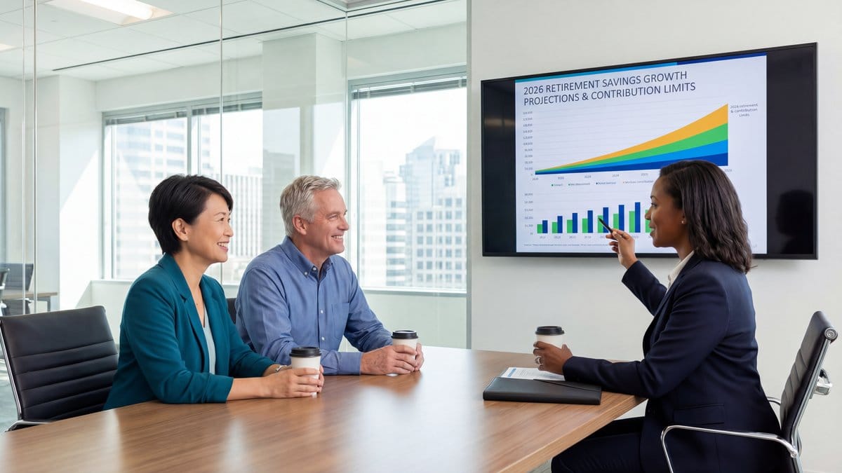 Diverse clients meeting with financial advisor reviewing 2026 retirement savings projections