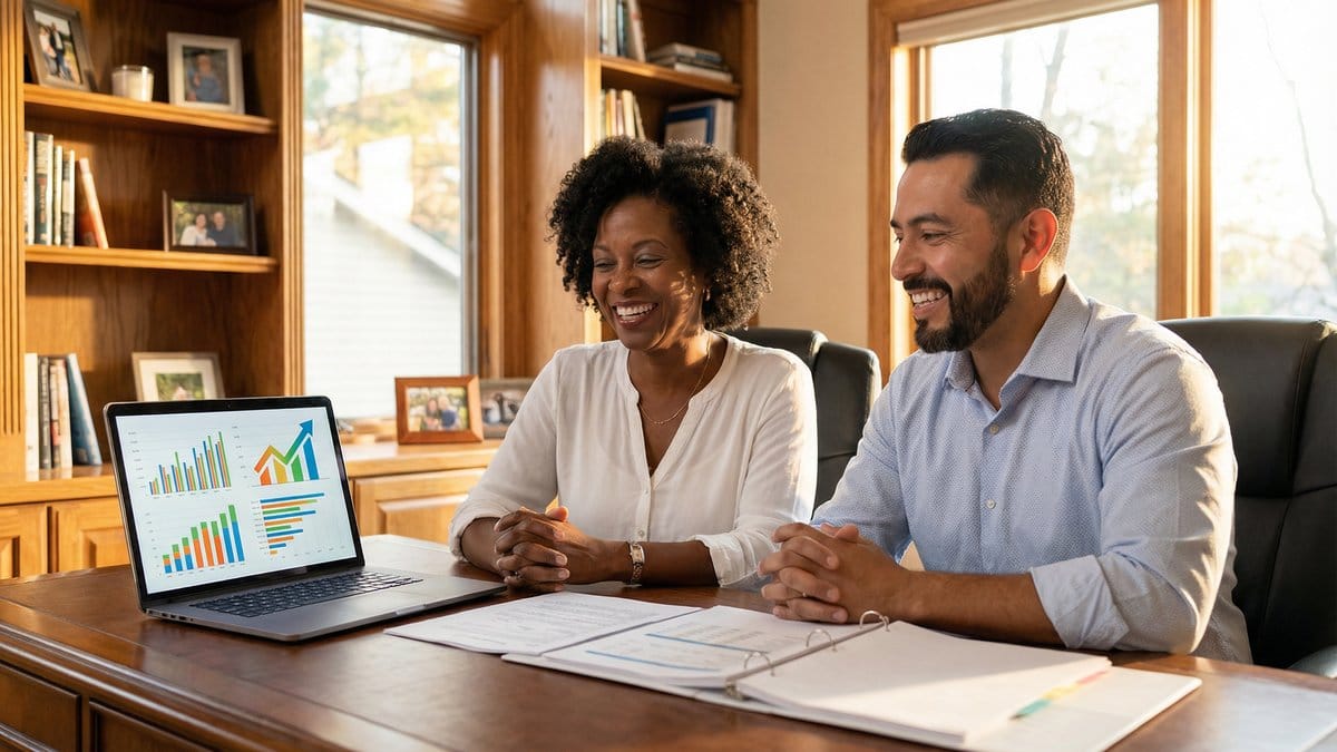 A diverse couple reviewing retirement planning charts and financial documents on a laptop at a home office desk