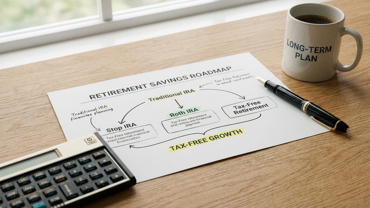 A retirement savings roadmap document showing Traditional IRA to Roth IRA conversion pathway with tax-free growth labels, alongside a calculator and pen