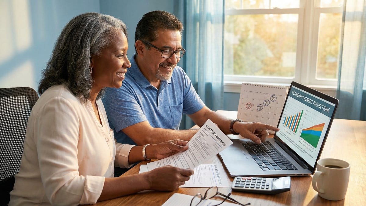 A diverse couple reviewing Social Security retirement benefit projections on a laptop