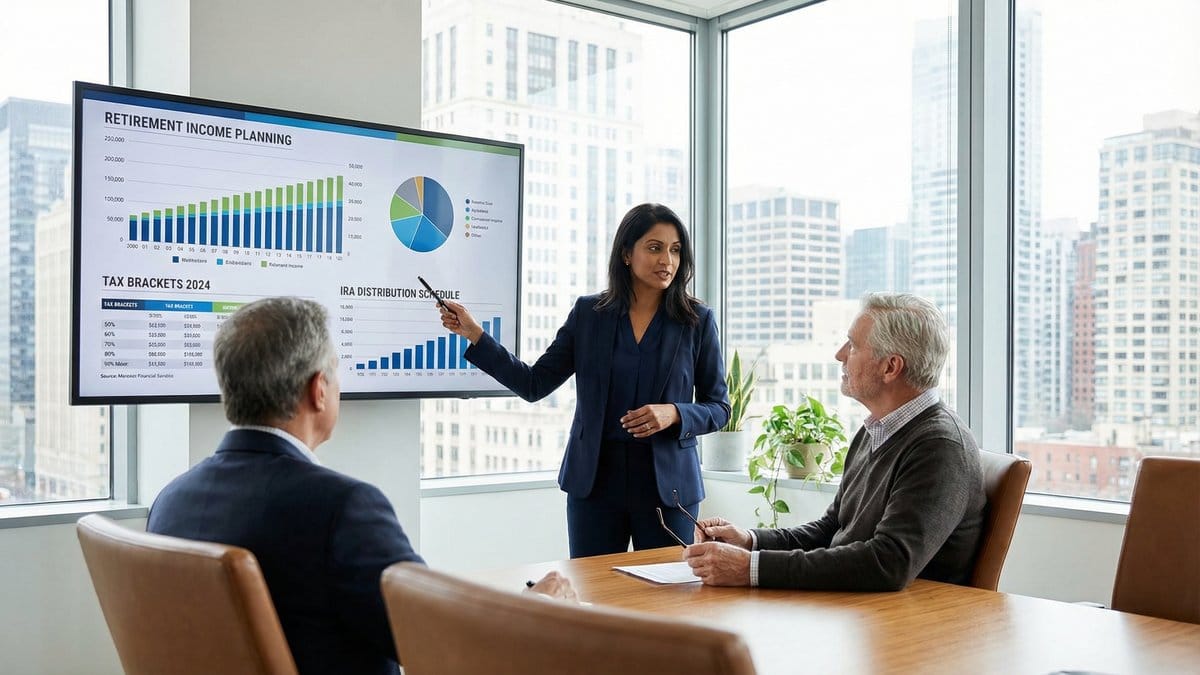 A financial advisor presenting retirement income planning charts and IRA distribution schedules to a client in a modern office