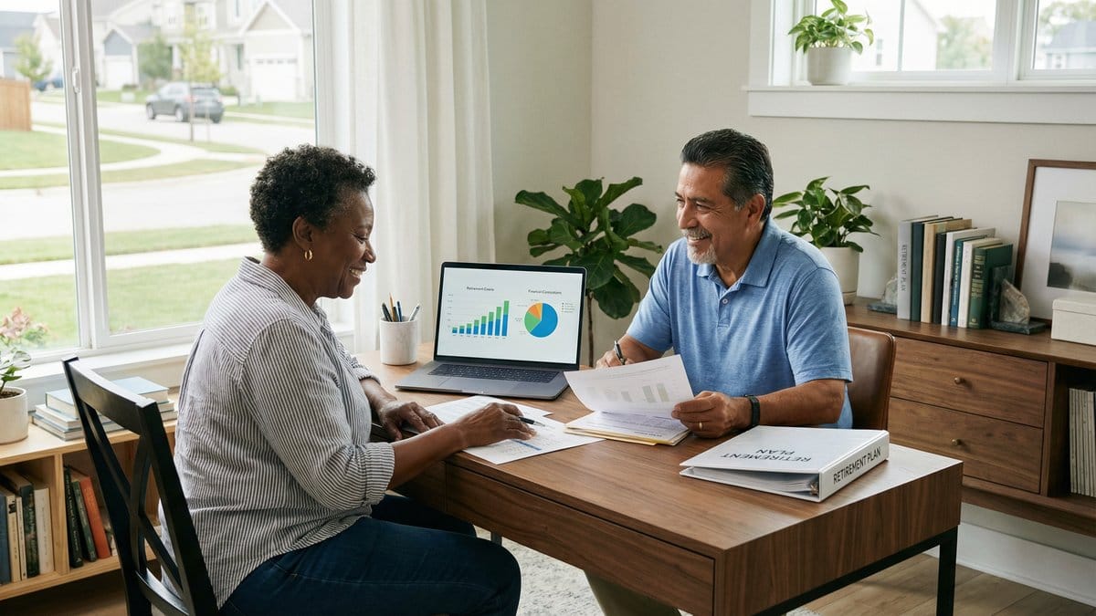 A diverse retired couple reviewing retirement financial documents and charts on a laptop at their home office desk