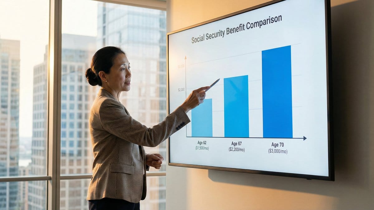 Financial advisor presenting Social Security benefit comparison chart at ages 62, 67, and 70