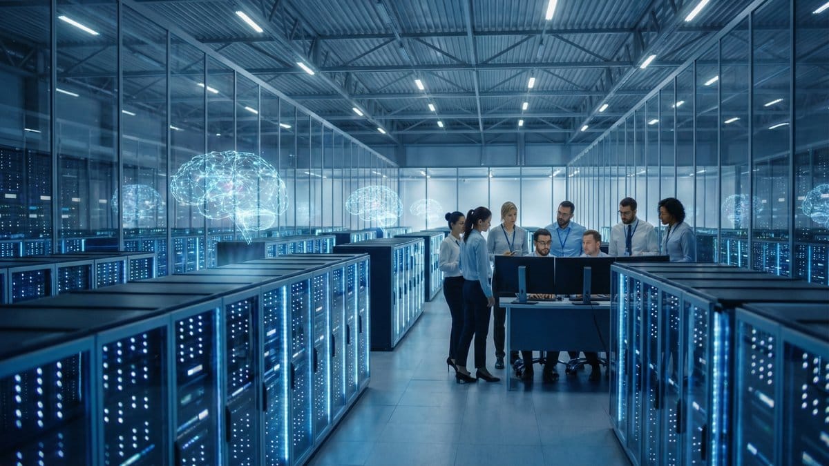 Diverse team of engineers monitoring AI data center servers with neural network overlays