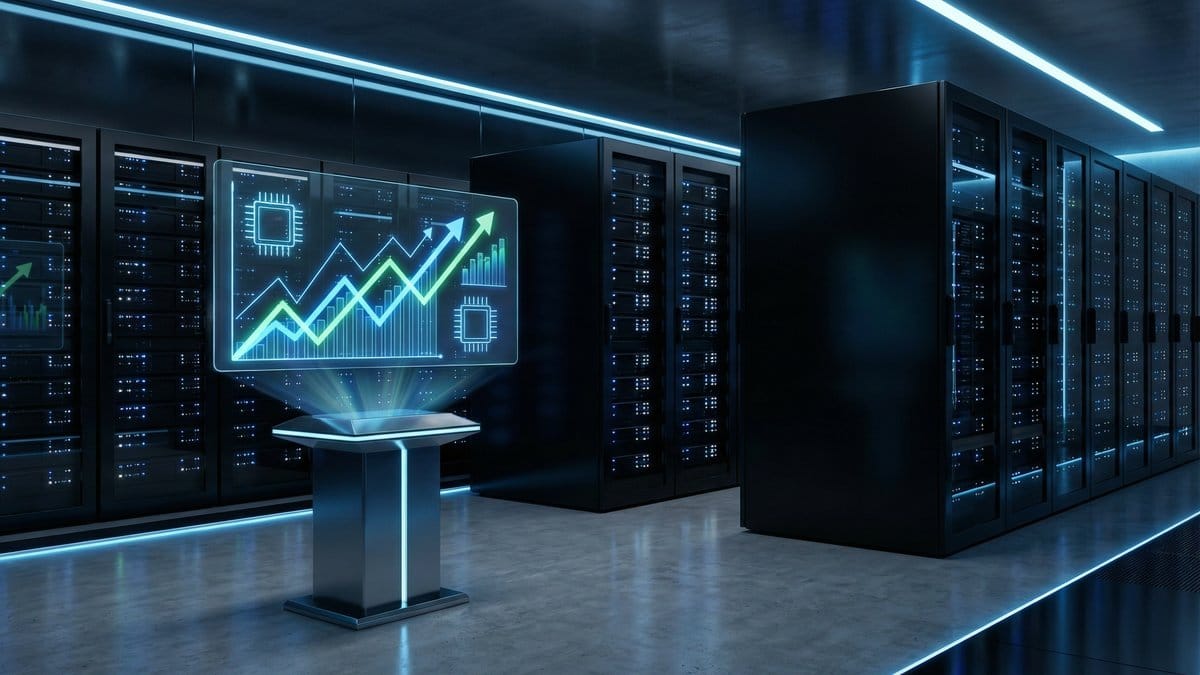 AI data center infrastructure with financial growth charts representing Broadcom stock valuation