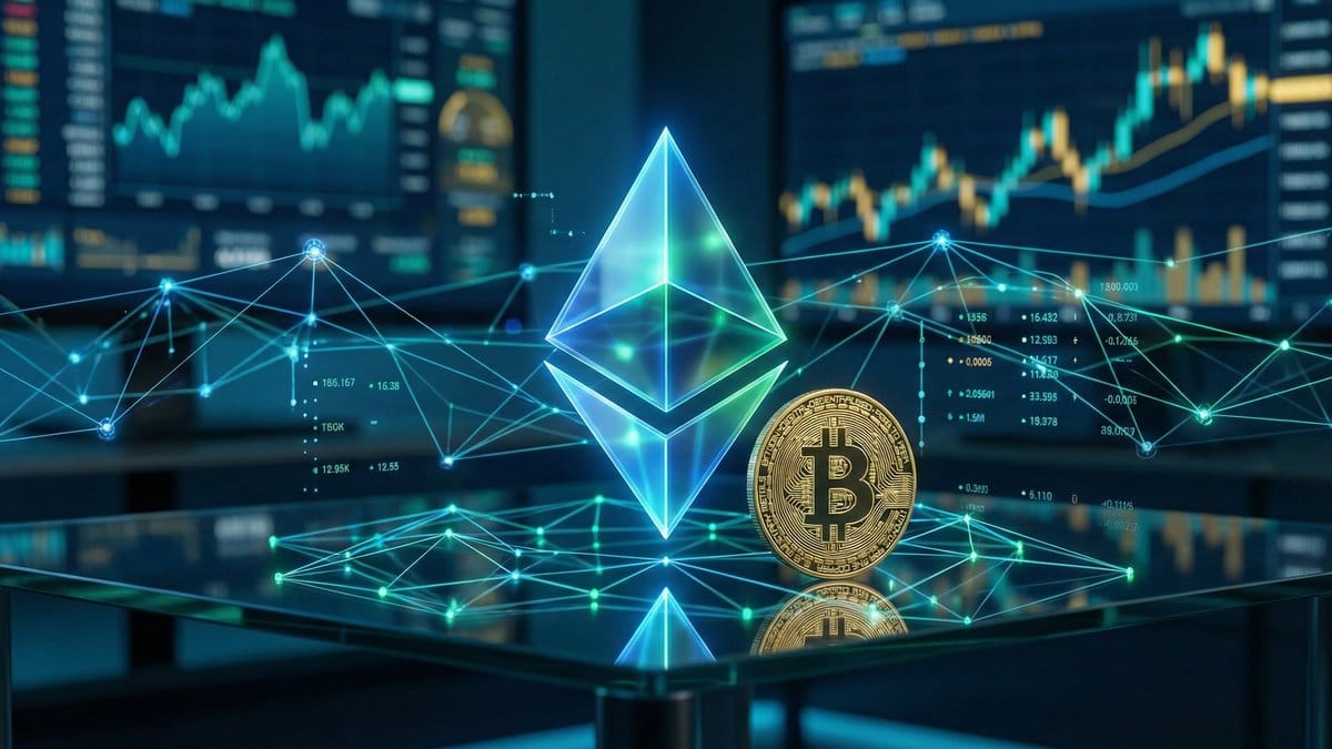 Ethereum diamond logo and Bitcoin coin with blockchain network visualization