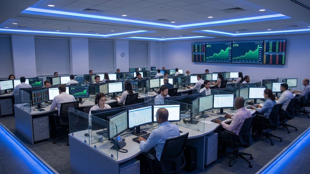 Institutional crypto trading floor with Bitcoin and Ethereum price screens