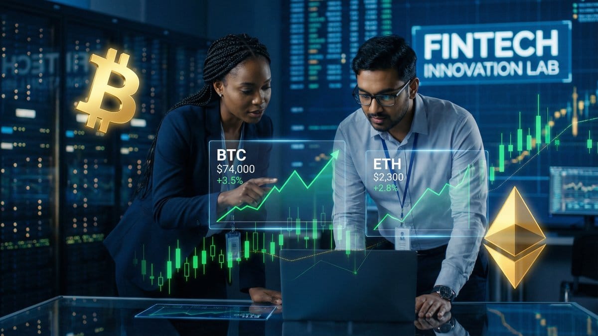 Crypto analysts reviewing Bitcoin and Ethereum price charts showing BTC at $74,000 and ETH at $2,300