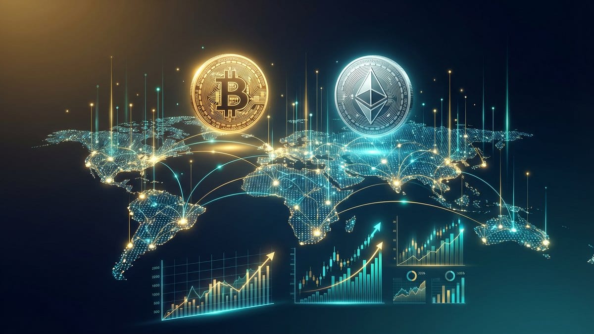 Bitcoin and Ethereum global digital finance network visualization showing worldwide crypto adoption