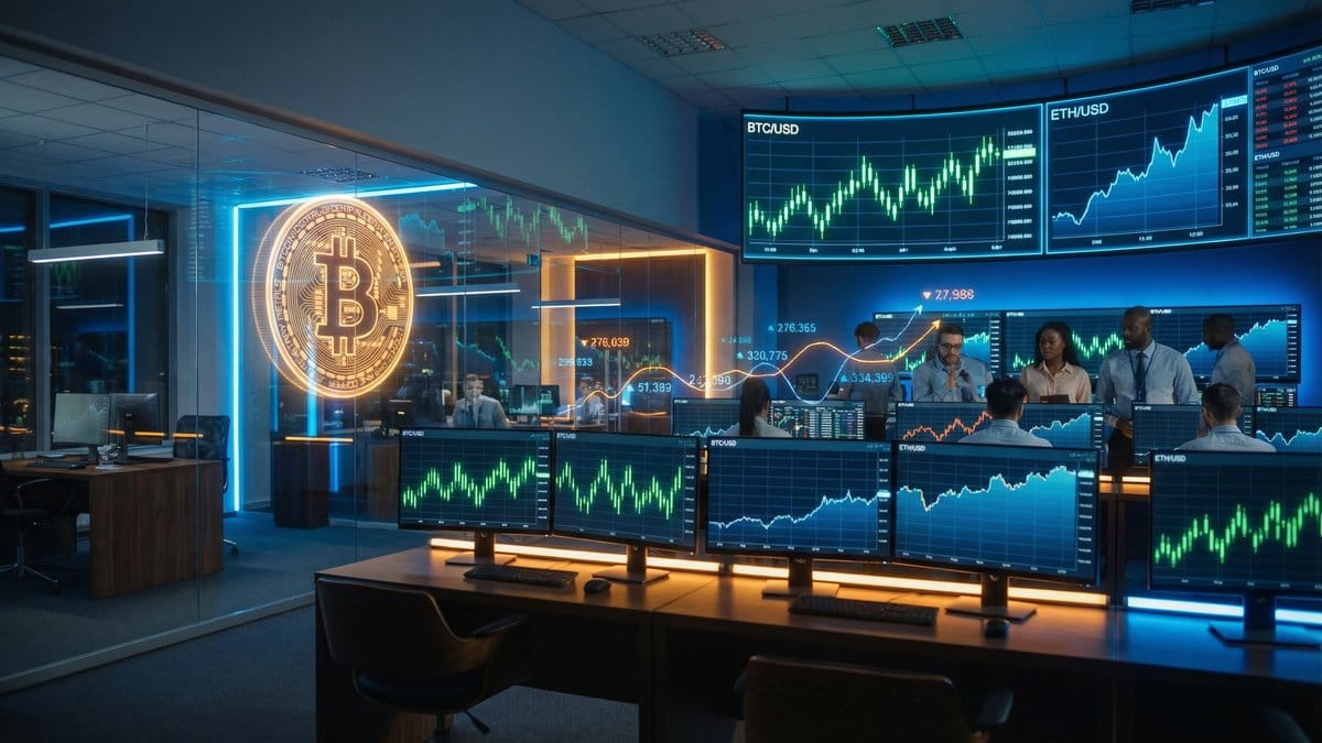 Crypto trading floor with Bitcoin and Ethereum price charts on multiple screens
