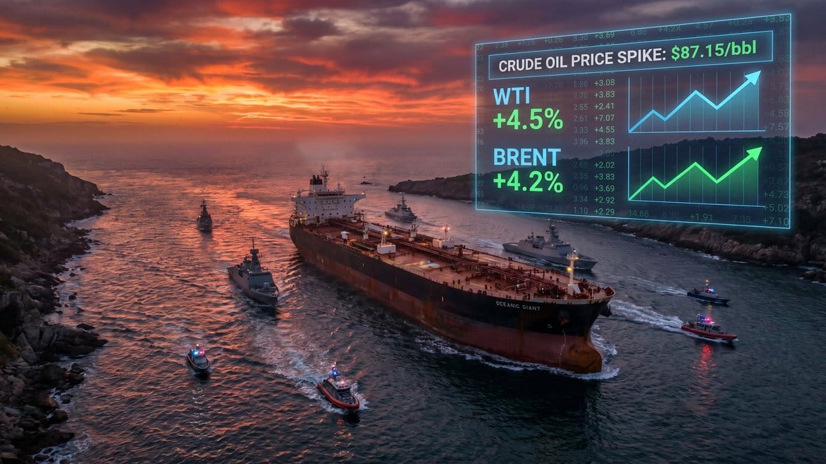 Oil tanker navigating the Strait of Hormuz with crude oil price spike overlay showing WTI and Brent crude market impact from US-Iran tensions
