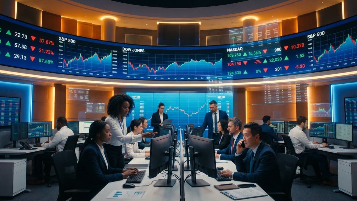 Stock market trading floor with diverse analysts monitoring S&P 500, Dow Jones, and Nasdaq performance on April 21, 2026